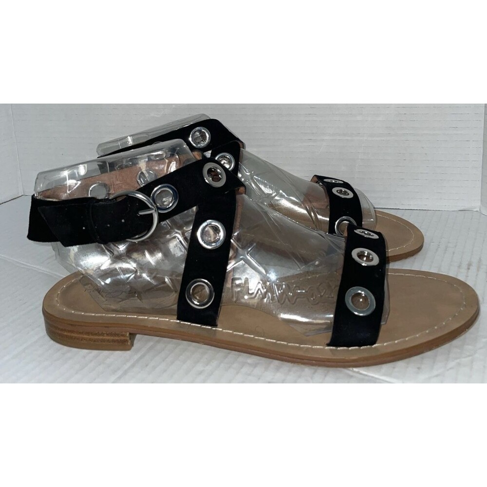 Halogen‎ Sandals Size 12 Black Leather Ankle Strap Grommet Gladiator Flat Casual